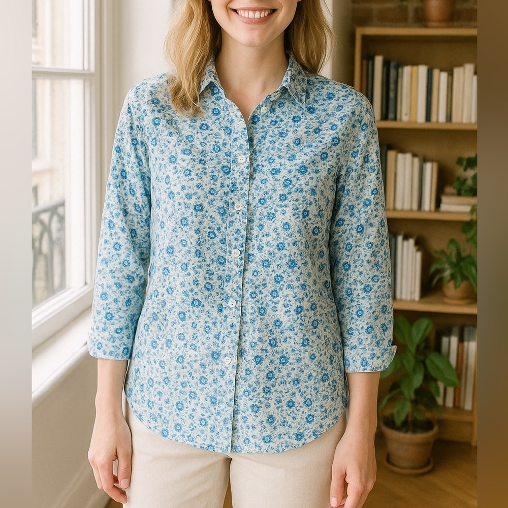 J. McLaughlin Silk Cotton Blend Blue Green Floral Button Down Shirt size Large